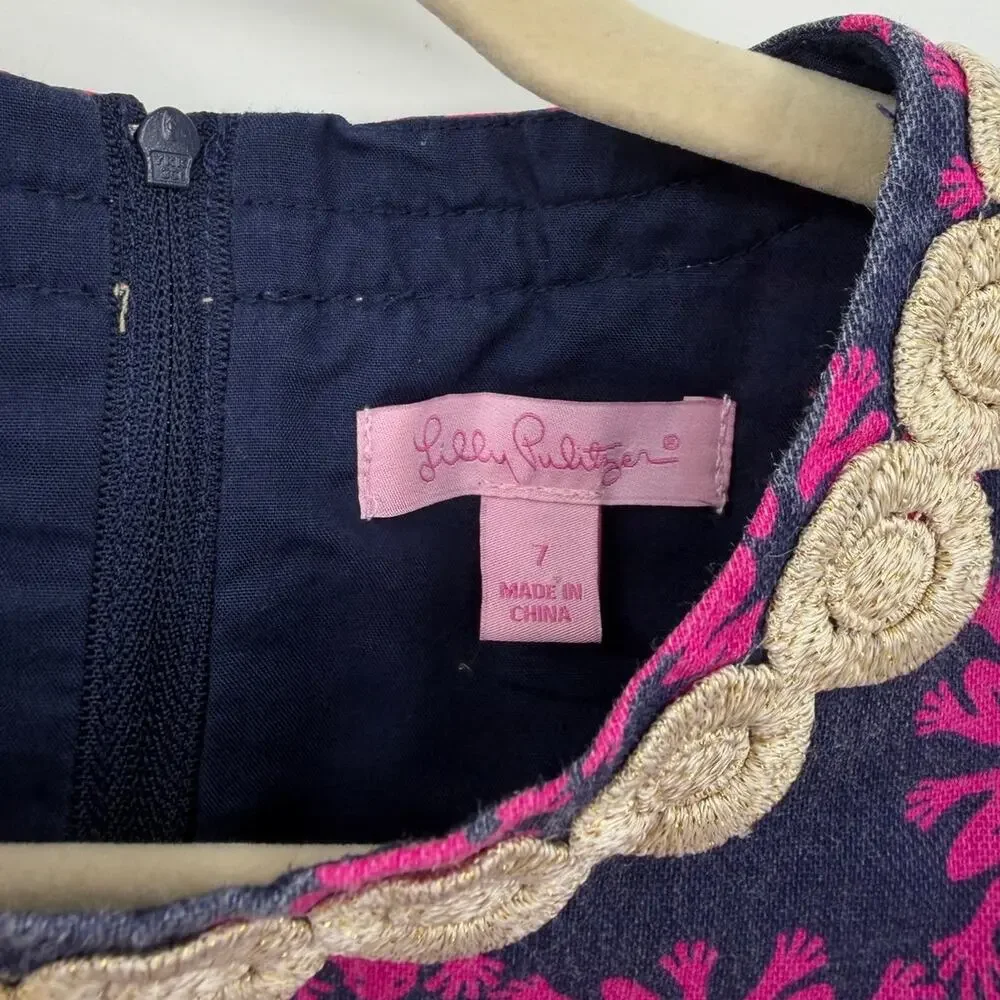 Lilly Pulitzer Girls Frog Shift Dress Pink Navy Floral Size 8